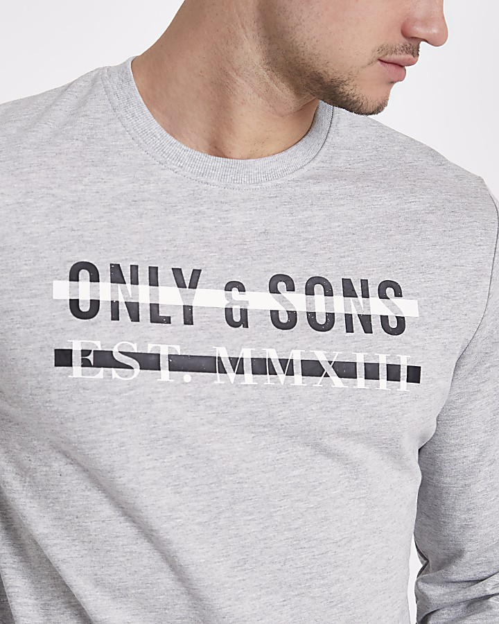 Only & Sons grey print crew neck sweatshirt