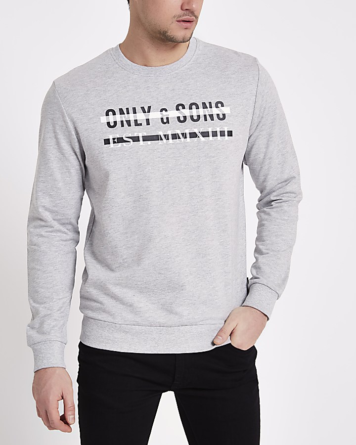 Only & Sons grey print crew neck sweatshirt