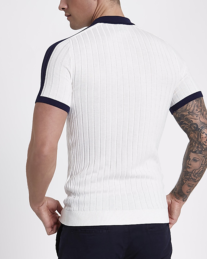 White rib knit muscle fit block polo shirt