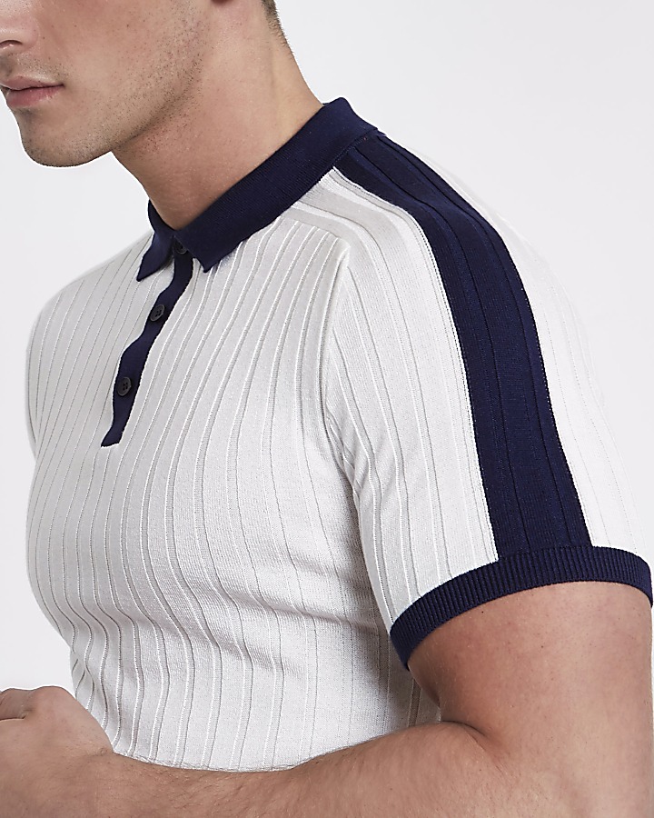 White rib knit muscle fit block polo shirt