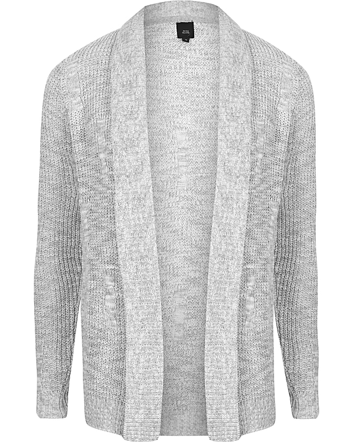 Grey rib cable knit slim fit cardigan