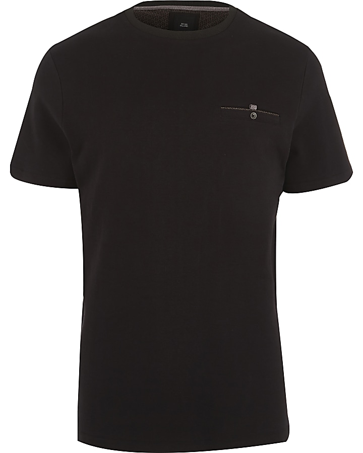 Black slim fit chest button pocket T-shirt