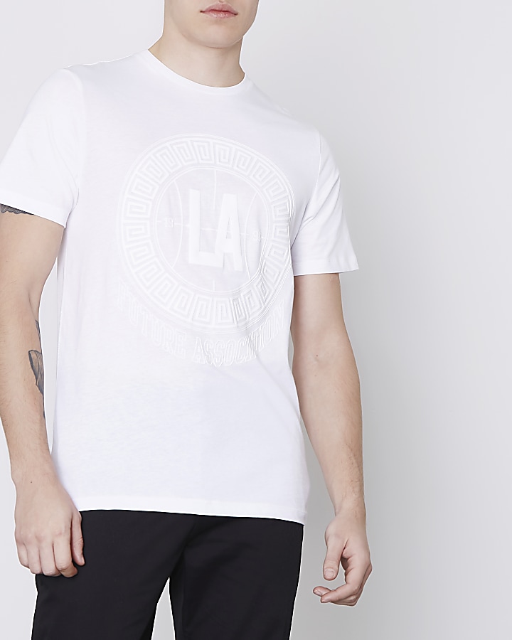 White ‘LA’ circle print slim fit T-shirt