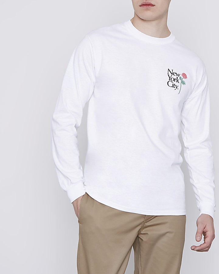 White rose print slim fit long sleeve T-shirt