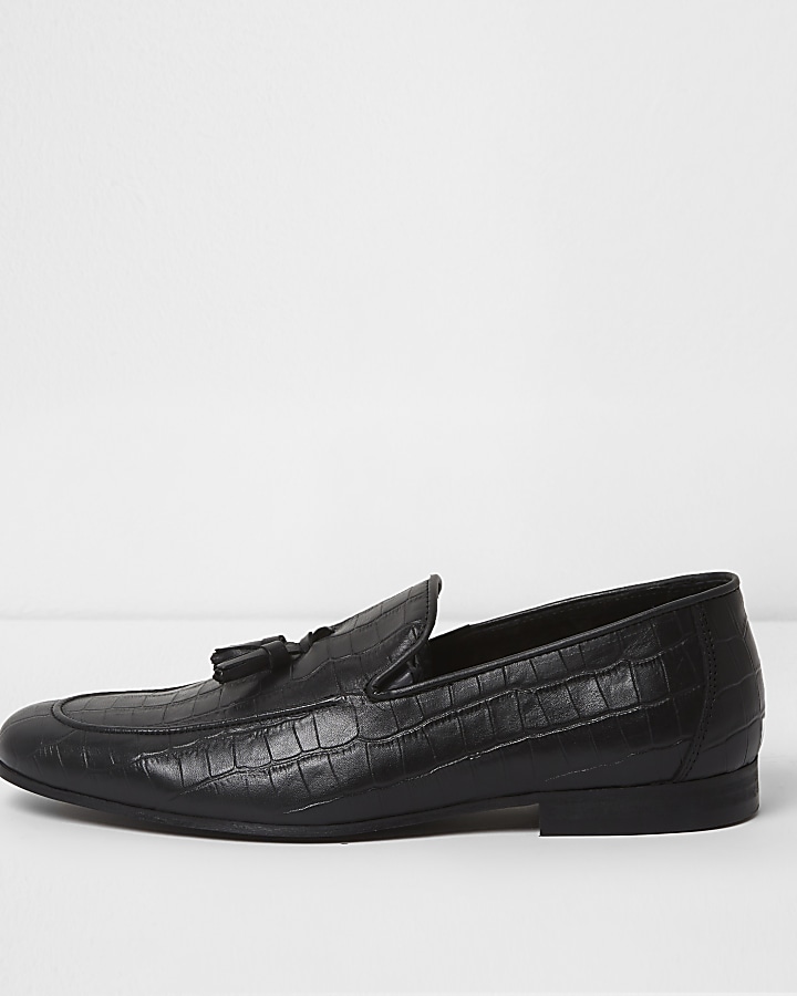 Black croc embossed leather loafers