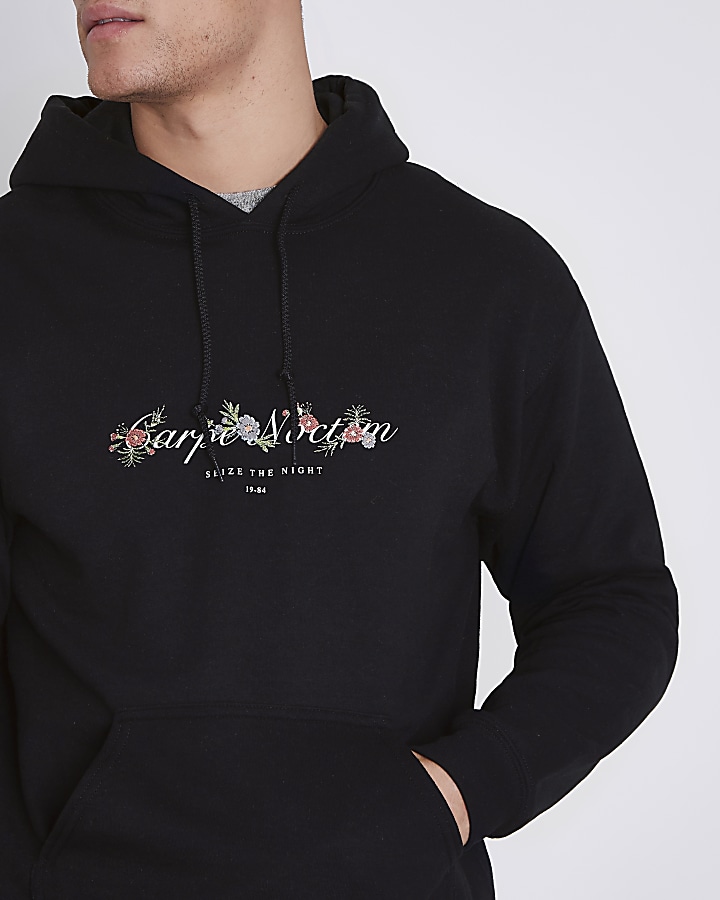 Black ‘carpe noctem’ floral print hoodie
