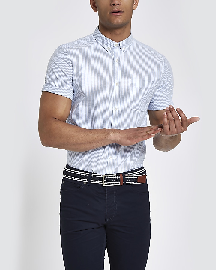 Blue stripe short sleeve slim fit shirt