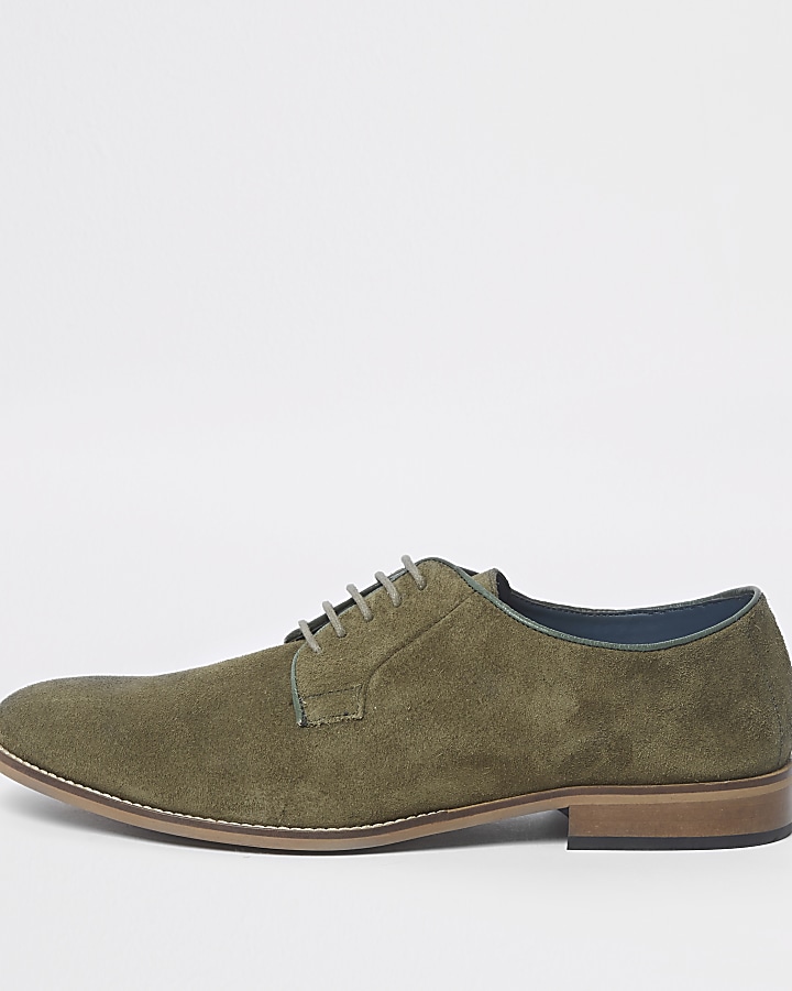 Green suede piping lace-up derby shoes