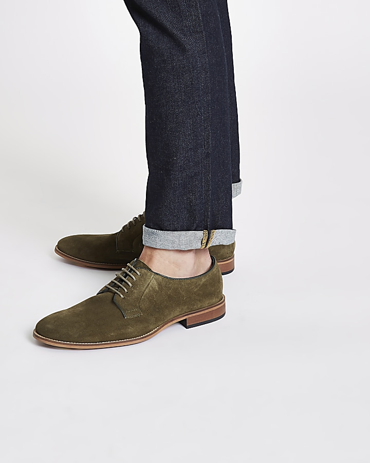 Green suede piping lace-up derby shoes