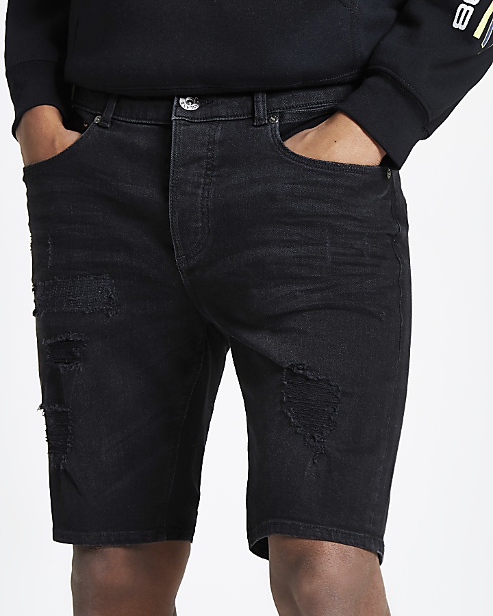 Black wash skinny ripped denim shorts