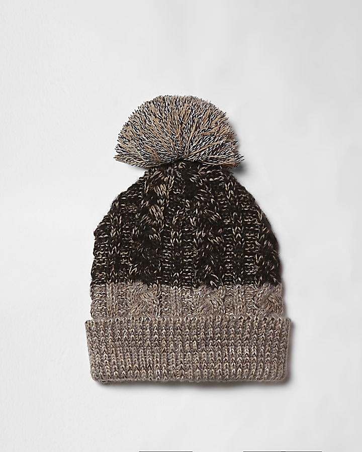 Brown cable knit bobble beanie hat