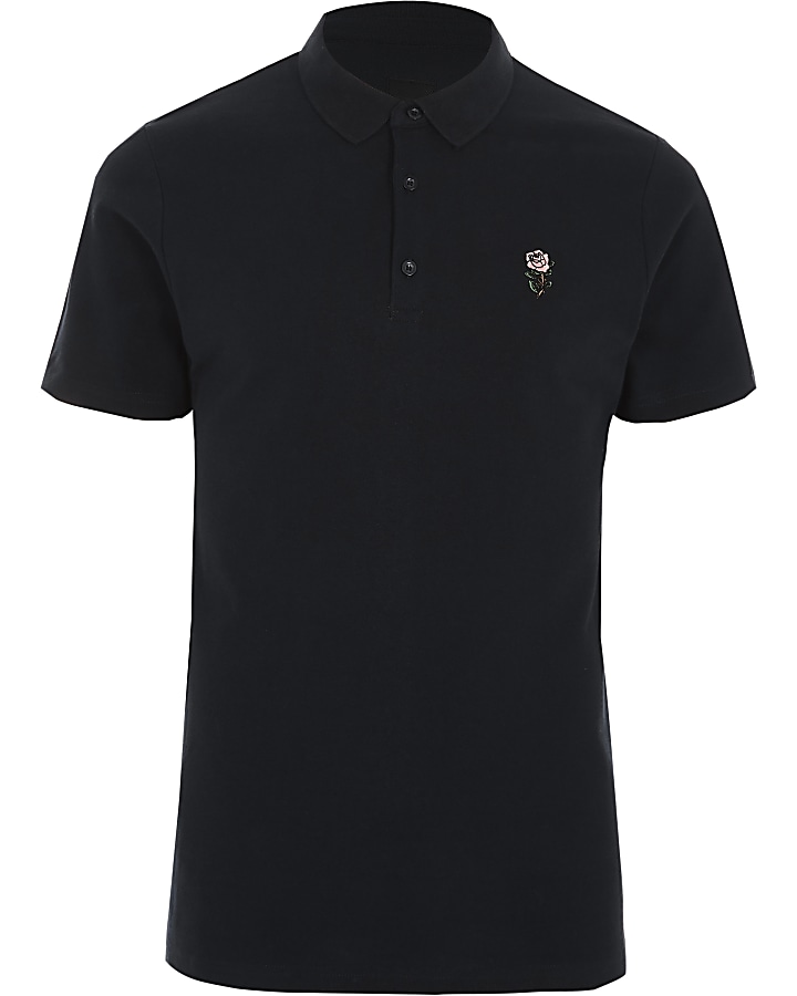 Navy rose embroidered slim fit polo shirt