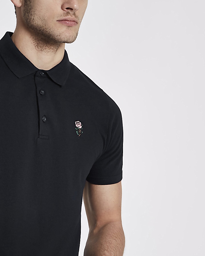 Navy rose embroidered slim fit polo shirt