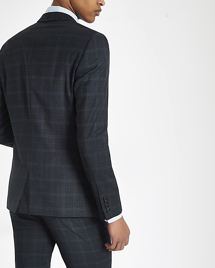 Navy check skinny suit jacket