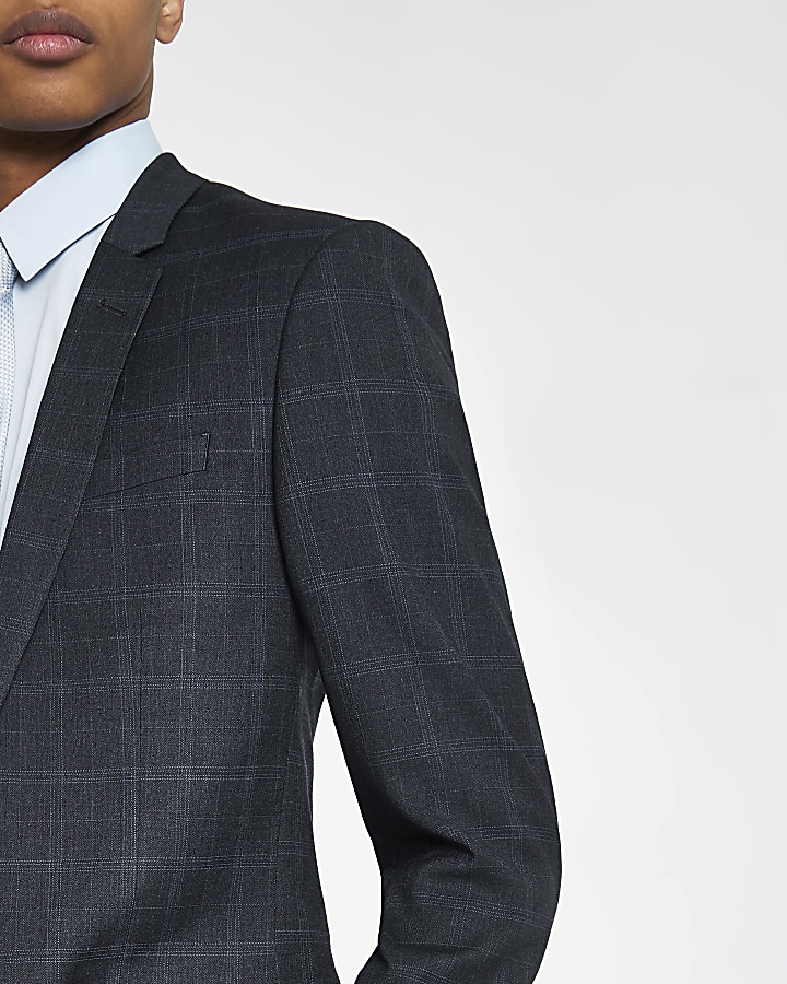 Navy check skinny suit jacket