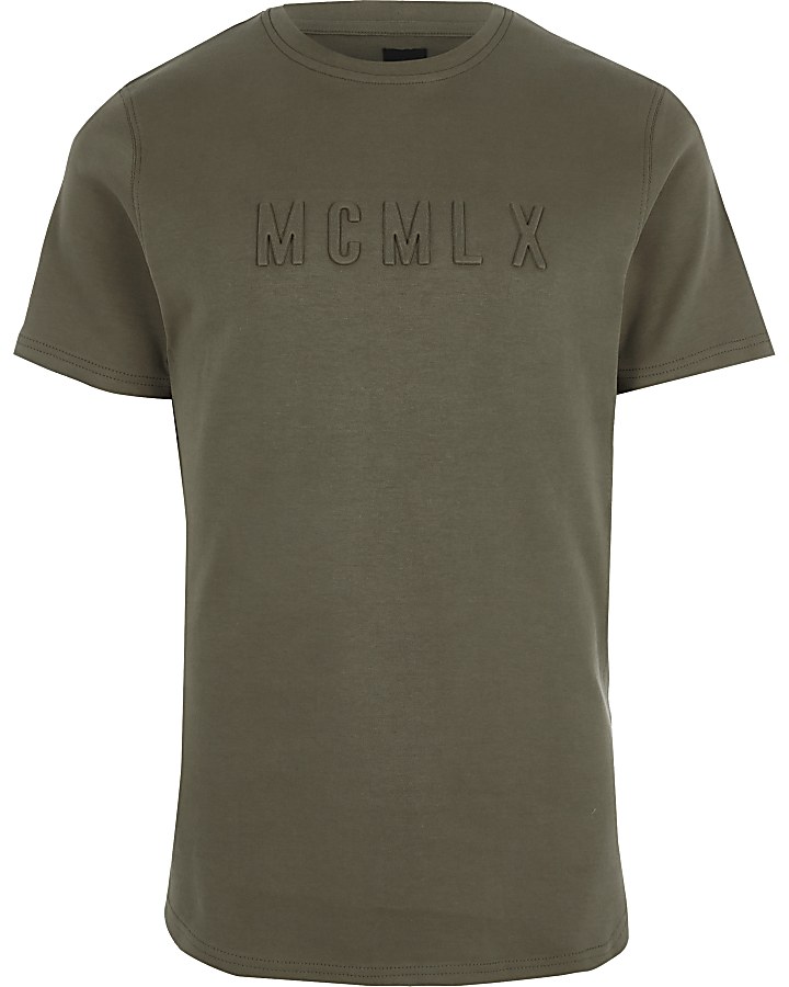 Khaki green embossed letter slim fit T-shirt
