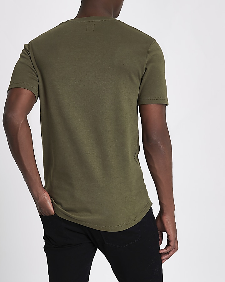 Khaki green embossed letter slim fit T-shirt