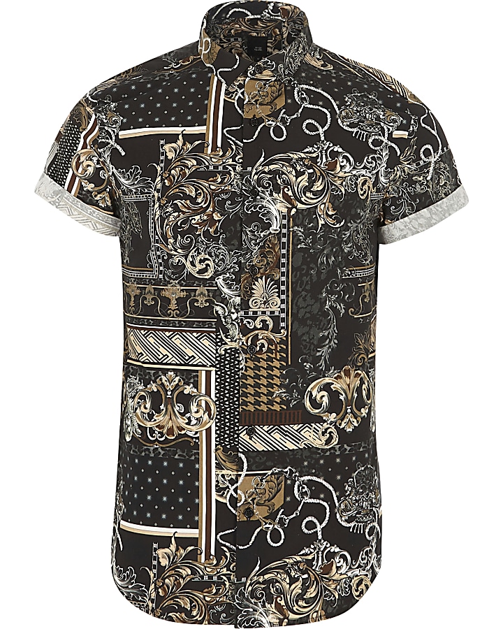 Black baroque slim fit short sleeve shirt