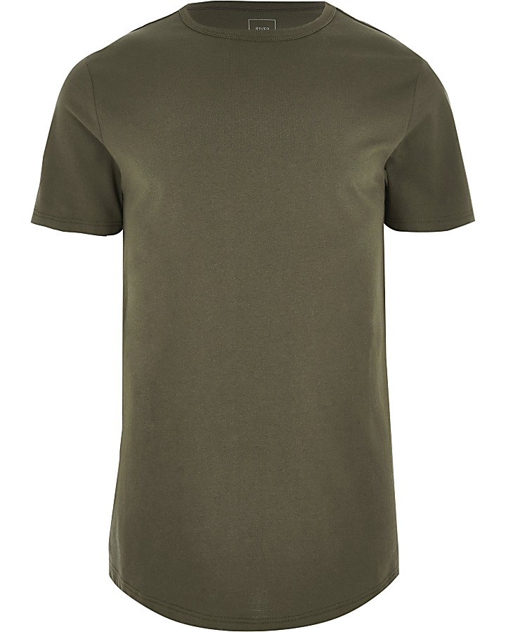 Khaki green curved hem longline T-shirt