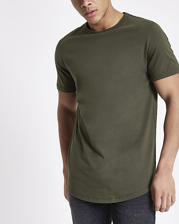 Khaki green curved hem longline T-shirt