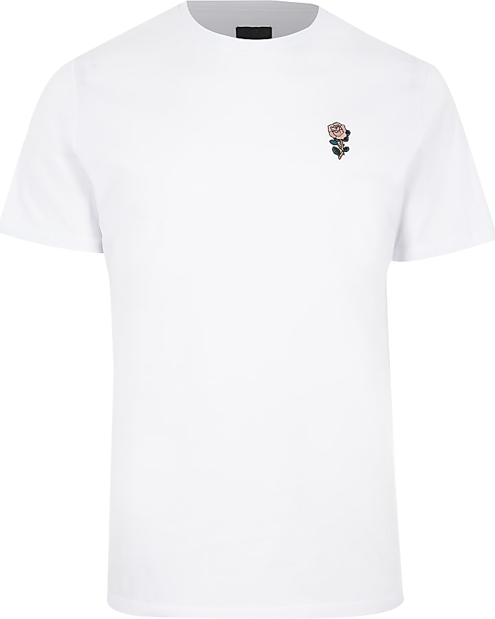 White rose chest embroidery slim fit T-shirt