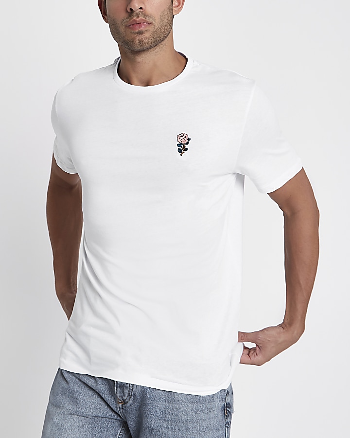 White rose chest embroidery slim fit T-shirt