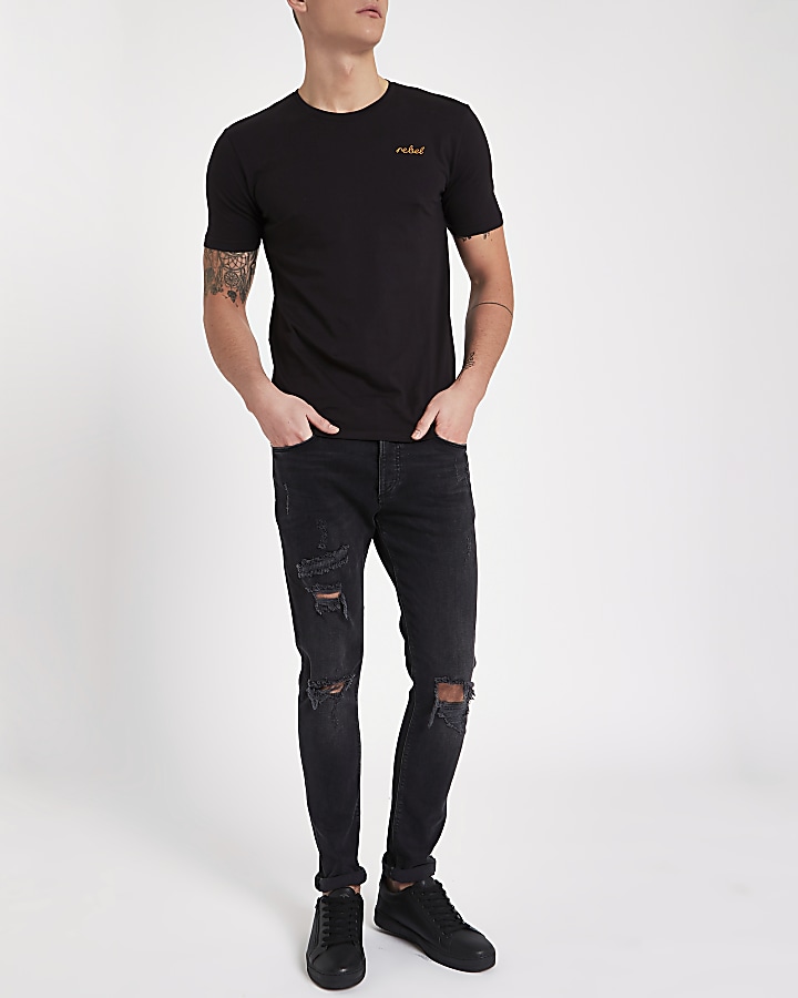 Only & Sons black 'rebel' embroidered T-shirt