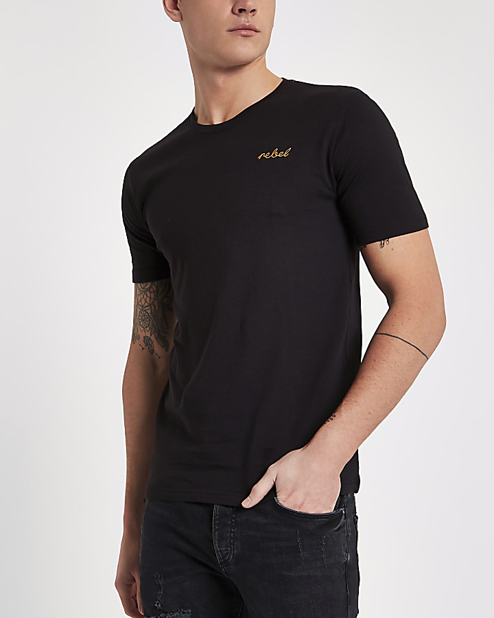 Only & Sons black 'rebel' embroidered T-shirt