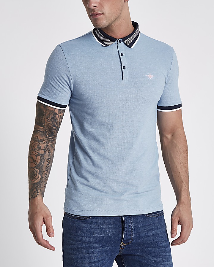 Blue muscle fit wasp embroidery polo shirt