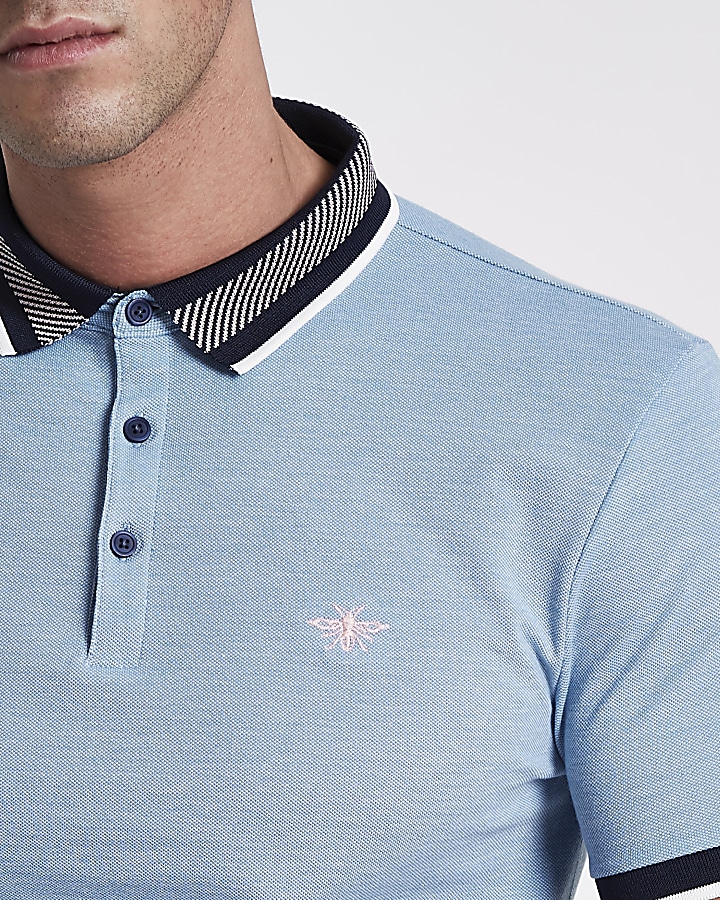 Blue muscle fit wasp embroidery polo shirt