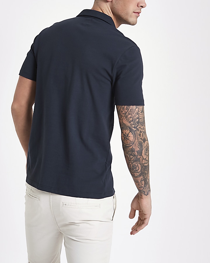 Navy pique short sleeve slim fit revere shirt