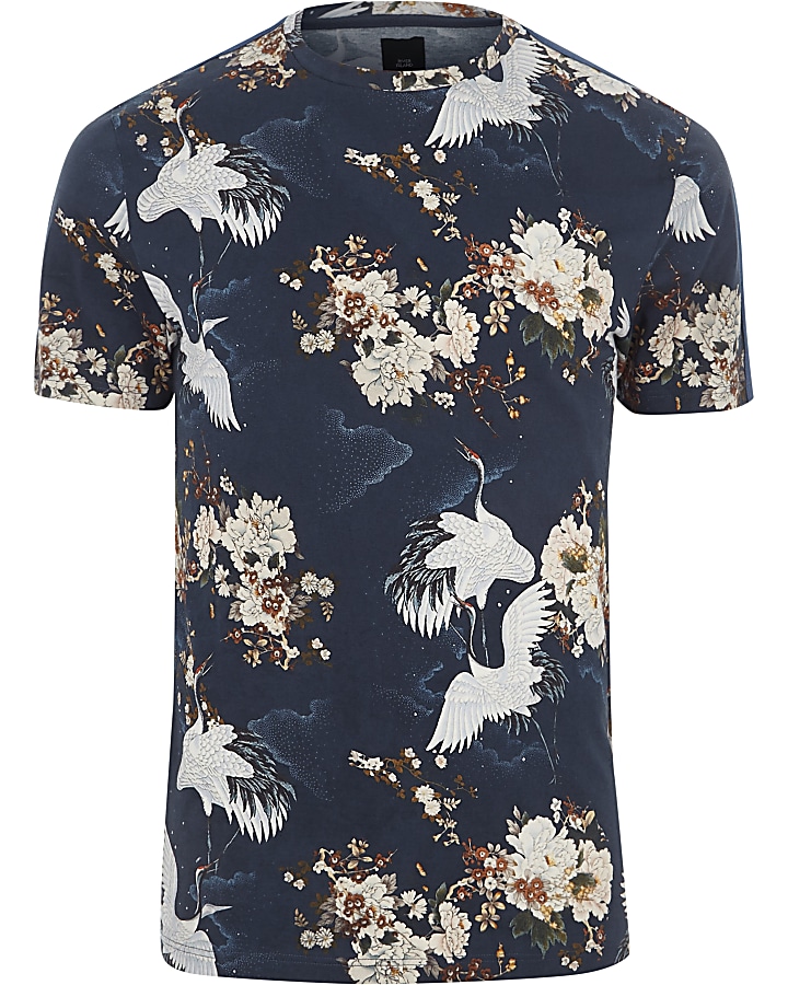 Blue floral bird print tape slim fit T-shirt