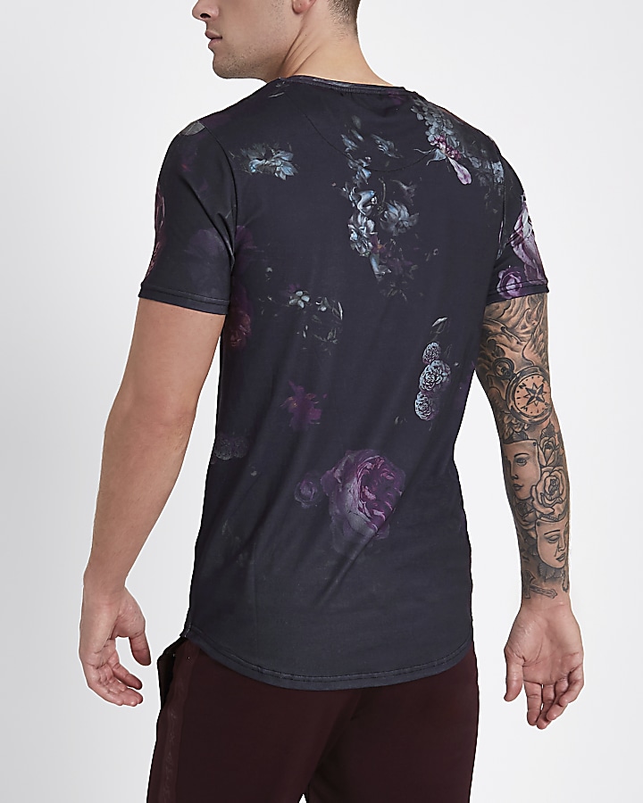 Concept dark blue floral slim fit T-shirt