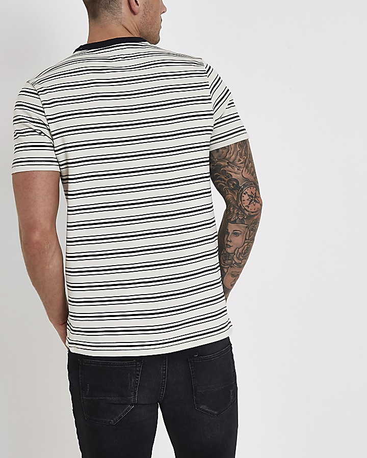 Ecru crew neck stripe print T-shirt