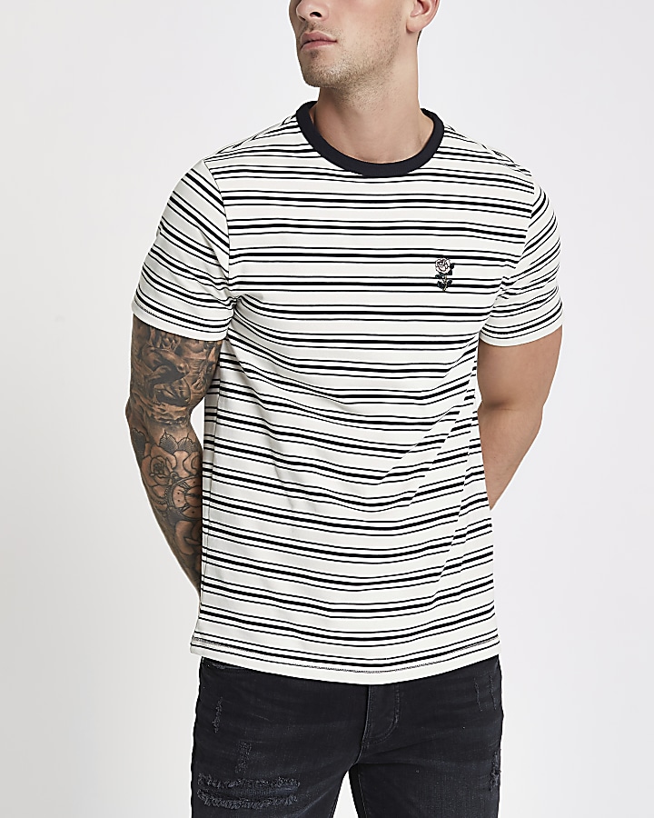Ecru crew neck stripe print T-shirt