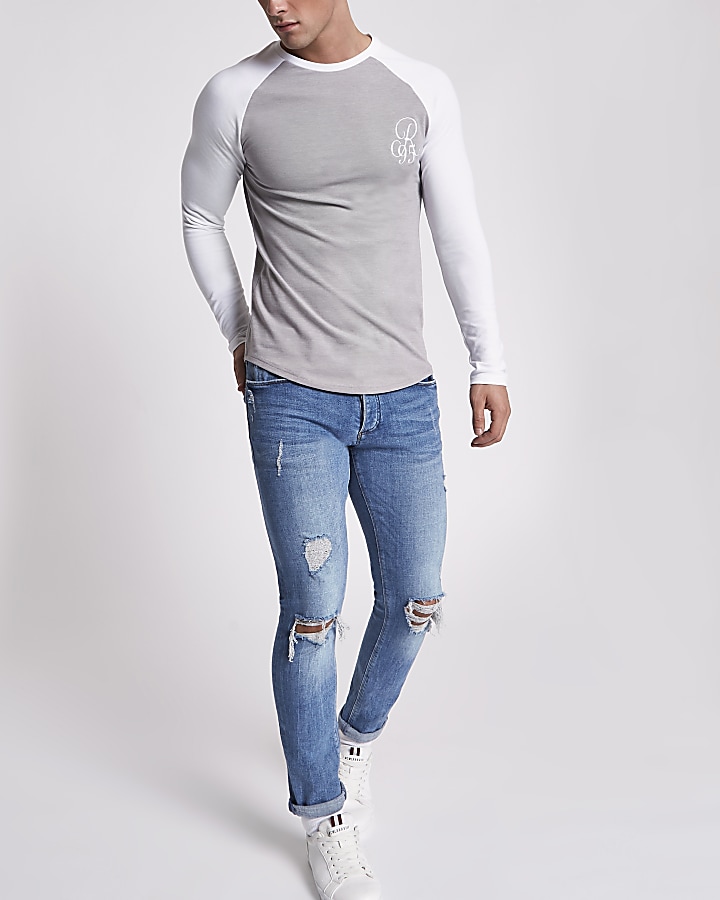 Grey raglan embroidered muscle T-shirt