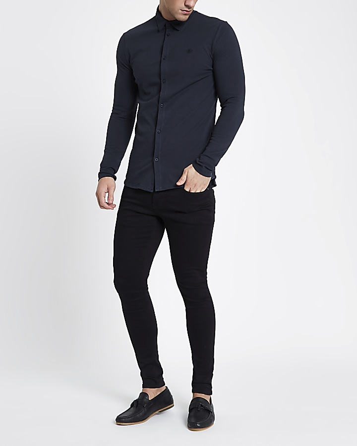 Navy pique muscle fit long sleeve shirt