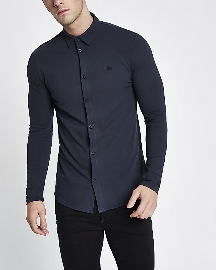 Navy pique muscle fit long sleeve shirt
