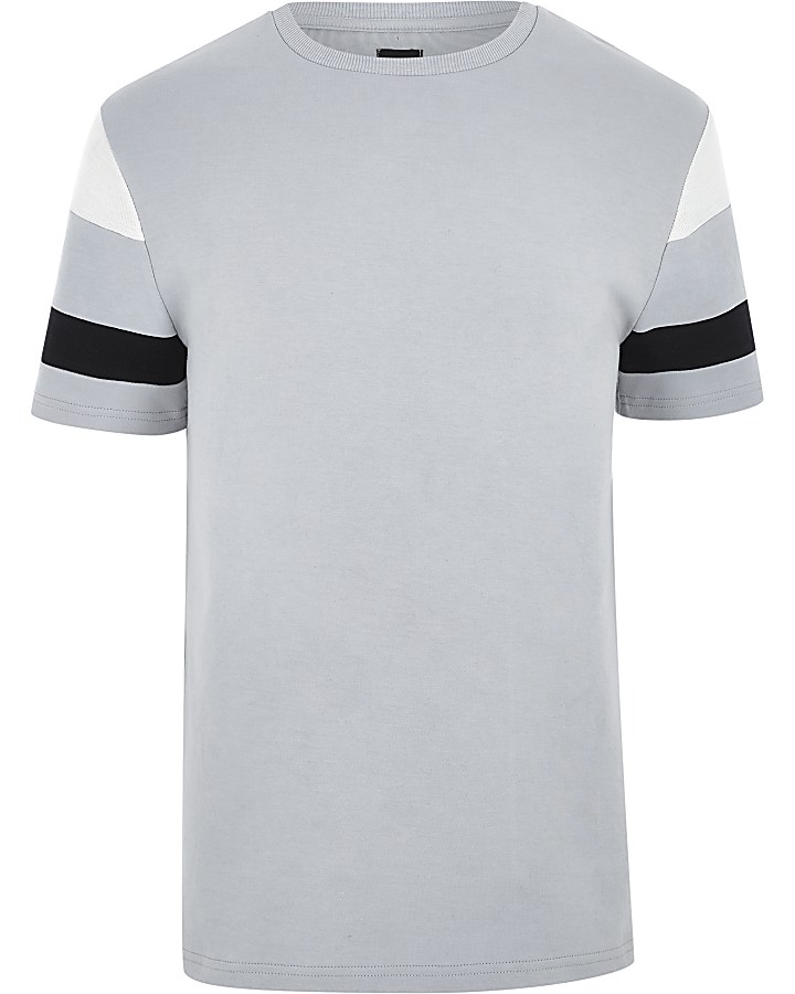 Grey short stripe sleeve slim fit T-shirt
