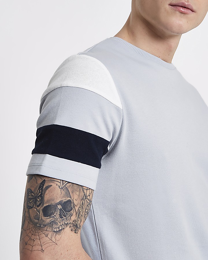 Grey short stripe sleeve slim fit T-shirt