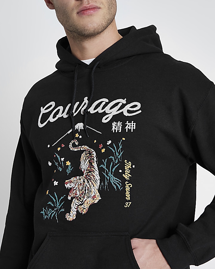Black ‘courage’ tiger embroidery print hoodie