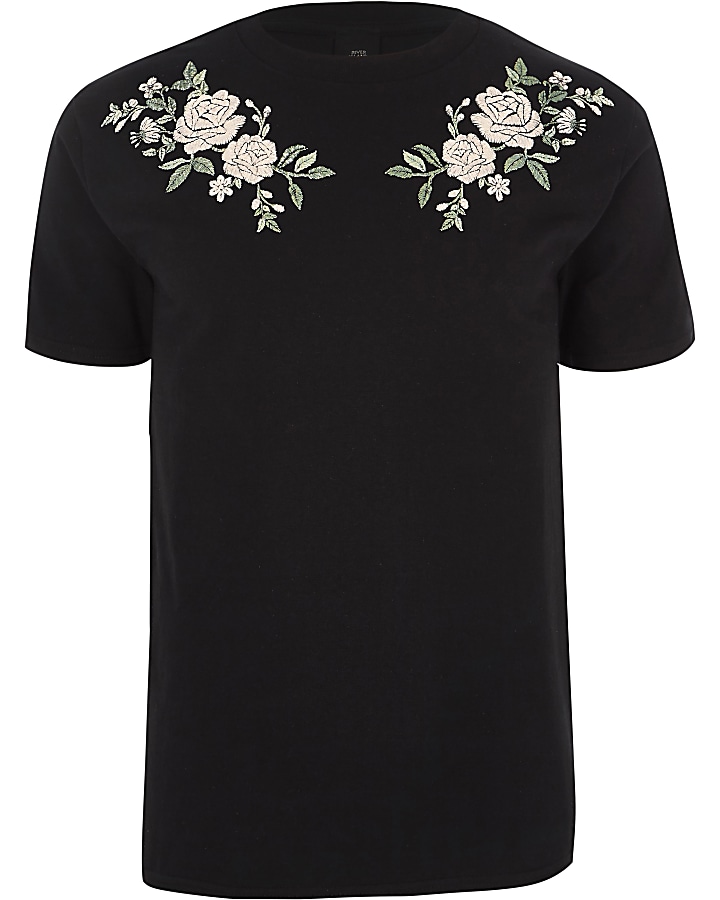 Black rose embroidery print slim fit T-shirt