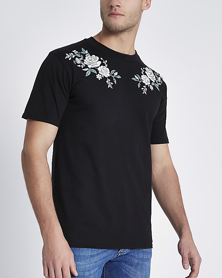 Black rose embroidery print slim fit T-shirt