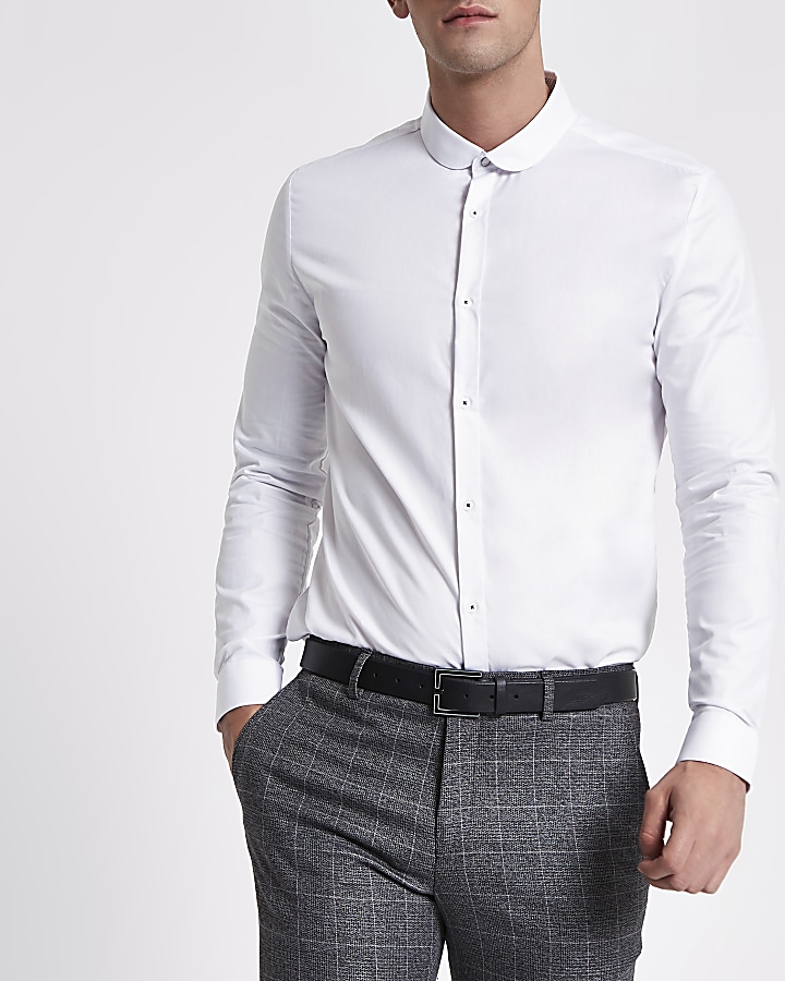 White slim fit textured long sleeve shirt