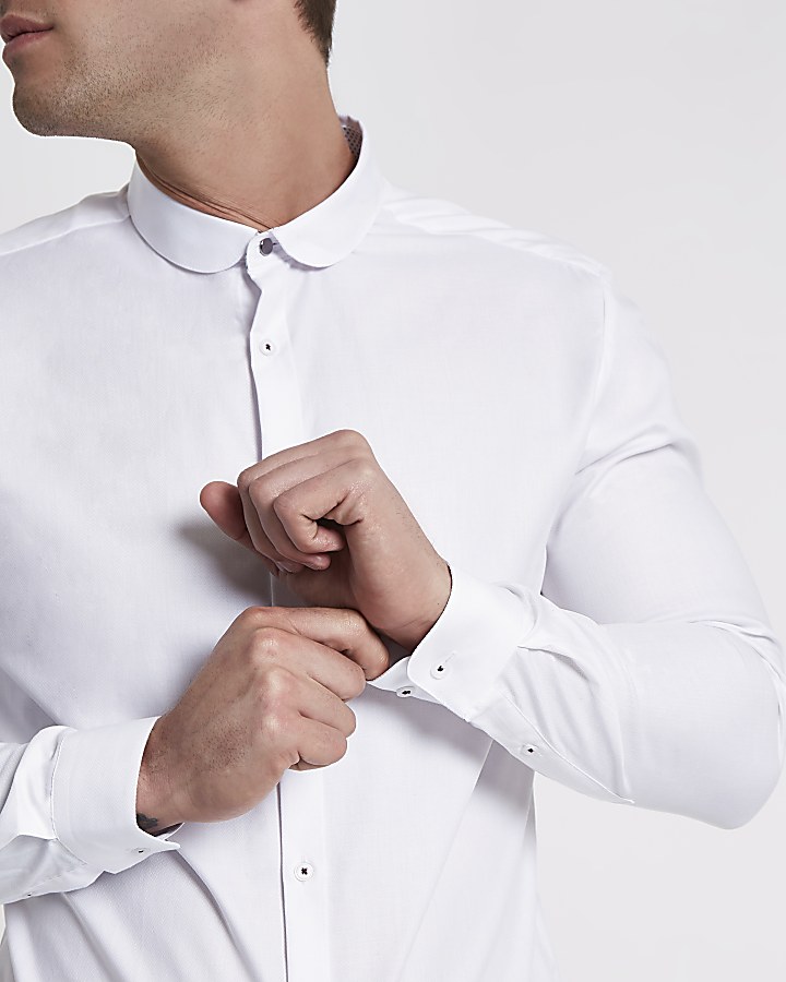 White slim fit textured long sleeve shirt
