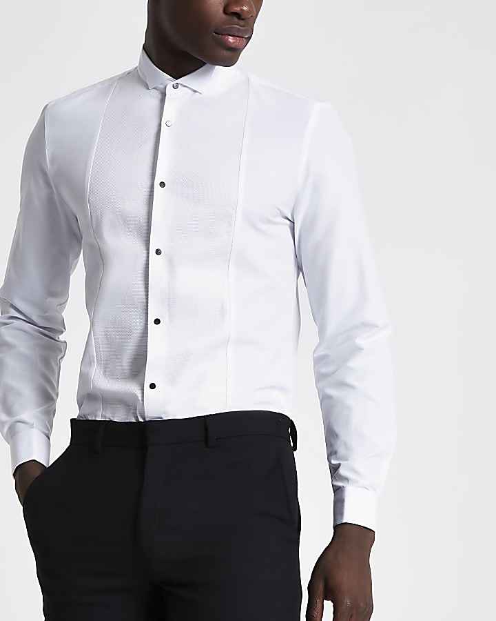 White textured panel slim fit shirt