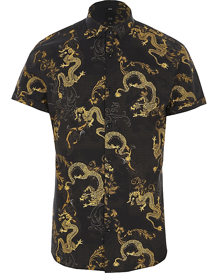 Black dragon geo short sleeve slim fit shirt