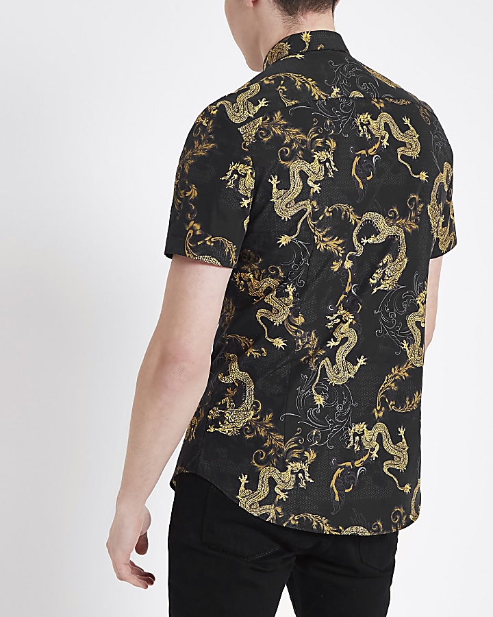 Black dragon geo short sleeve slim fit shirt