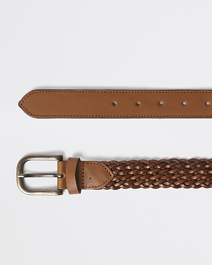 Tan woven leather gold tone buckle belt