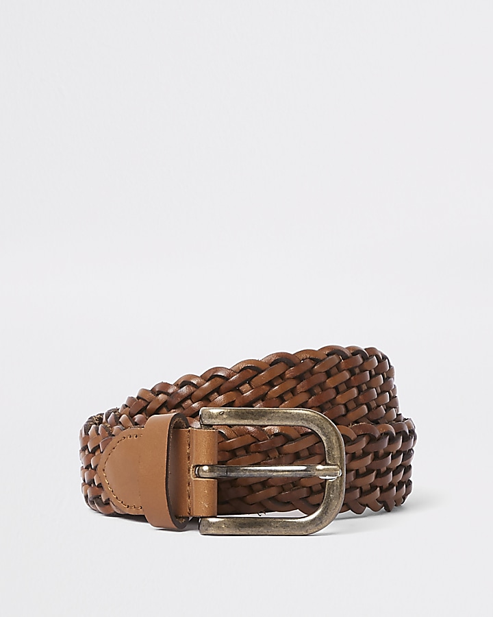Tan woven leather gold tone buckle belt
